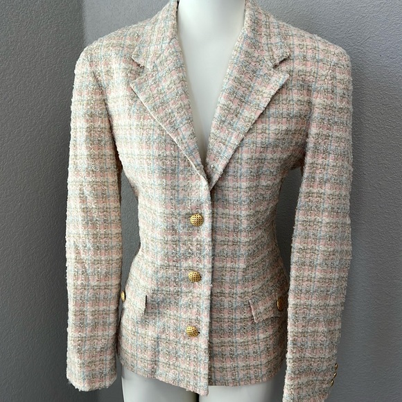 Talbots Tweed Wool Blend Multicolor Gold Buttons Shoulder Pad Blazer Size 12 USA - Picture 1 of 8
